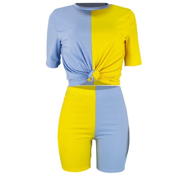 Casual ONeck Patchwork Yellow Two-piece Shorts set - Picture 3 of 4